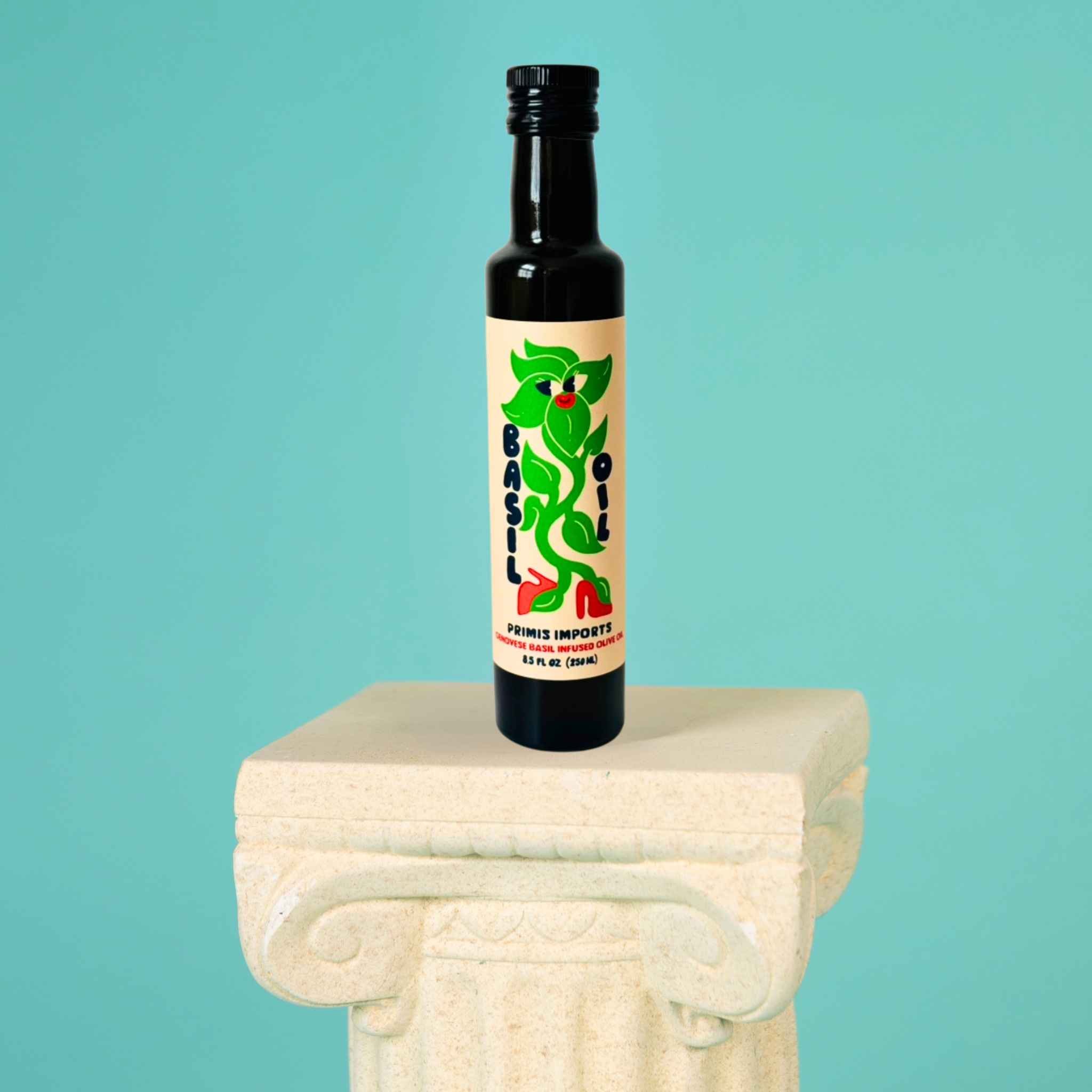 Bottle of basil oil on a decorative pedestal with a teal background