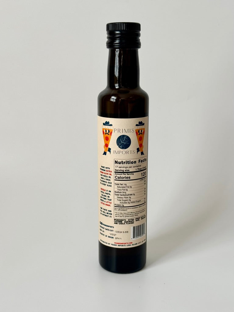 Bottle of olive oil with a label on a white background