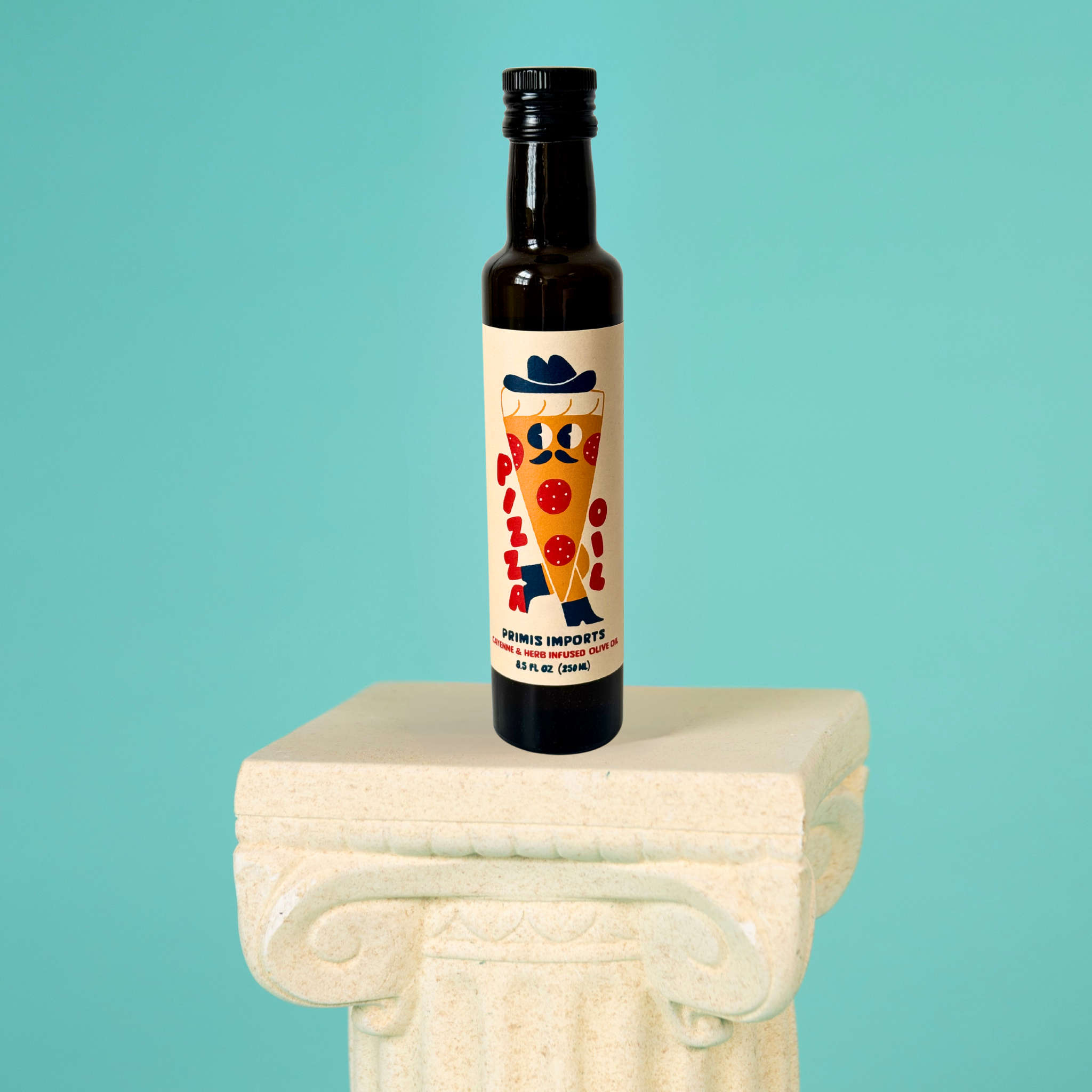 Bottle of olive oil with a colorful label on a decorative pedestal against a teal background